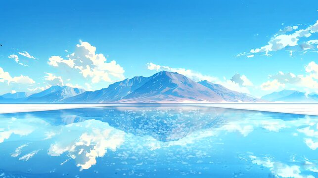 A surreal salt flat creating a mirror effect under a clear sky. Fantasy landscape anime or cartoon style, seamless looping 4k time-lapse virtual video animation background