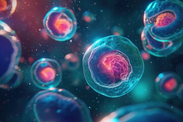 A group of blue and red cells are seen floating in mid-air, Detailed illustration of a cellular mitosis process, AI Generated