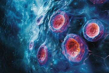 A photo capturing multiple red and blue cells suspended in water, Detailed illustration of a cellular mitosis process, AI Generated - obrazy, fototapety, plakaty
