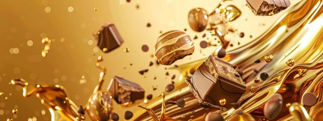 A splash of liquid gold, chocolate and bars, on a bright beige background. The fusion of indulgence (chocolate) with wealth and luxury (gold). Close-up.  For banner, postar, greetings card, background