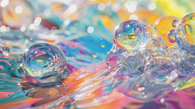 Soap oil bubbles in water - abstract background for advertising. Multi-colored rainbow butter balls.