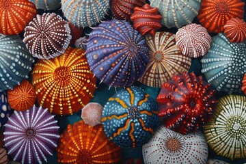 Fototapeta na wymiar A captivating image showcasing a variety of colorful balls stylishly arranged in a vibrant and eye-catching display, Detailed painting of hand-dived sea urchins, AI Generated