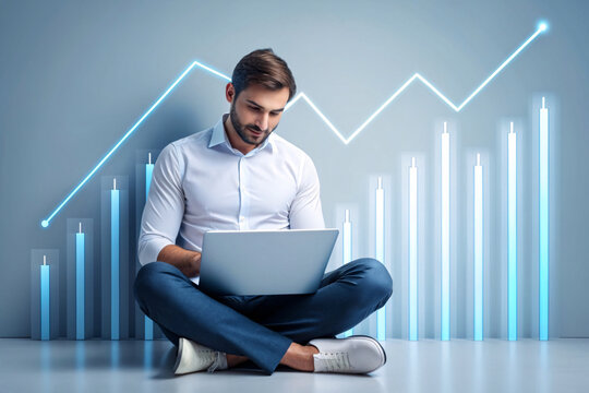 Handsome businessman using laptop with stock market graph on background. Success concept