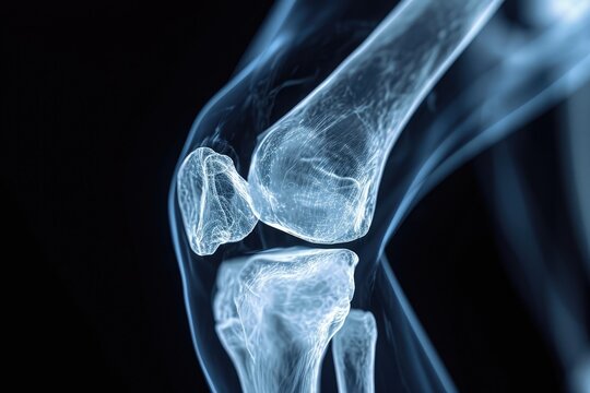 This x-ray image depicts the bones and cartilage of a knee joint in detail, providing a clear view of its structure, Detailed X-ray representation of the human knee joint in 3D, AI Generated