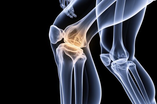 The photograph shows the knee joint with the bones clearly visible, Detailed X-ray representation of the human knee joint in 3D, AI Generated