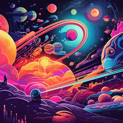 Bright colorful illustration. Space style