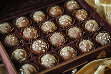 A detailed view of various chocolates inside a box, showcasing their different shapes, colors, and flavors, Diamond studded chocolate truffles in a royal velvet box, AI Generated