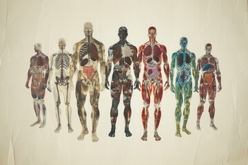 A black and white drawing featuring a varied collection of human bodies, showcasing different shapes, sizes, and postures, Different human body systems blended into one image, AI Generated - obrazy, fototapety, plakaty