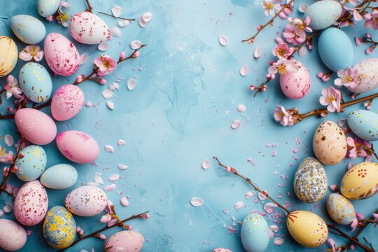 Happy Easter Eggs Basket forsythias. Bunny hopping in flower spring dew decoration. Adorable hare 3d red jasmine rabbit illustration. Holy week easter hunt bunny decorations card Sagebrush Green