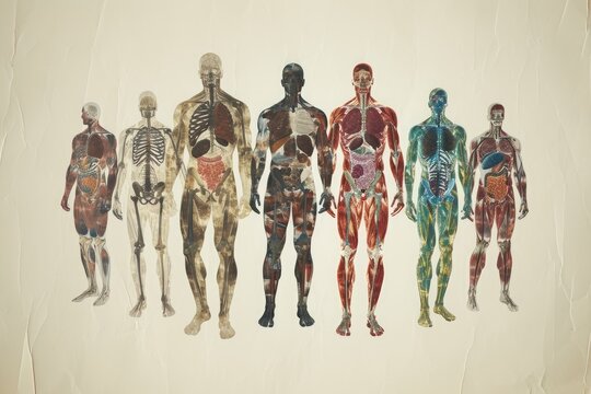 A black and white drawing featuring a varied collection of human bodies, showcasing different shapes, sizes, and postures, Different human body systems blended into one image, AI Generated