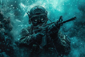 A soldier wearing combat gear and holding a rifle stands in knee-deep water, Digital art of a soldier from the Navy Seals unit in an underwater mission, AI Generated