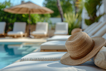 Straw hat on a poolside lounge chair in sunny resort setting