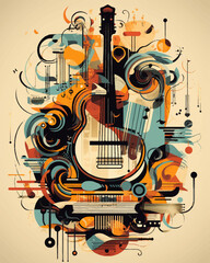 Obraz premium Bright colorful illustration. Music poster - guitar and notes