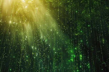 An eye-catching photograph capturing a vibrant green and yellow background adorned with sparkling stars and shimmering lights, Digital code raining down in a matrix style, AI Generated - obrazy, fototapety, plakaty