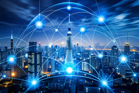 Smart city wireless communication network and internet of things (IOT) concept.