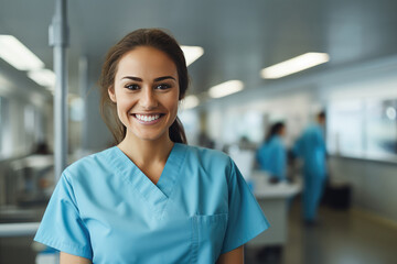 Healthcare provider, doctor or nurse wearing blue scrubs - obrazy, fototapety, plakaty