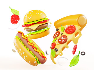 Fast food 3d background with burger, pizza slice and hot dog render icons. Fastfood restaurant meals, snacks with flying ingredients. Cartoon advertising banner, delivery concept. 3D illustration
