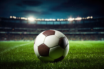 Black and white soccer ball on green grass in the center of a stadium, illuminated by spotlights