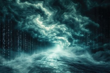 Fototapeta premium A dark tunnel with a massive amount of data streaming out, creating a dynamic visual representation of information flow, Digital storm made from binary code, AI Generated