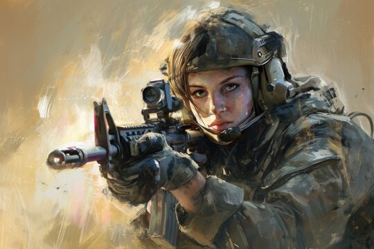 This painting depicts a woman holding a gun, capturing her strength and determination, Digital painting of a female Special Forces soldier in combat action, AI Generated
