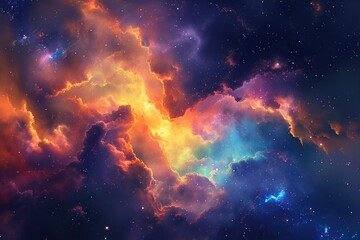 A vibrant, multi-hued sky dotted with fluffy clouds and shining stars, Digitally rendered space art depicting a vibrant cloud nebula, AI Generated - obrazy, fototapety, plakaty