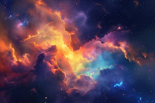 A vibrant, multi-hued sky dotted with fluffy clouds and shining stars, Digitally rendered space art depicting a vibrant cloud nebula, AI Generated