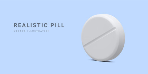 Realistic white round pill isolated on light background. Advertising banner for hospital or pharmaceutical company. Sign for pharmacy. Symbol of treatment. Vector Illustrations