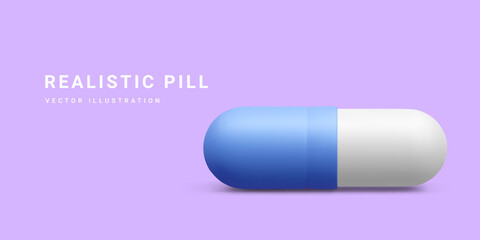 Realistic medicine pill isolated on light background. Advertising banner for hospital or pharmaceutical company. Sign for pharmacy. Symbol of treatment. Vector Illustrations