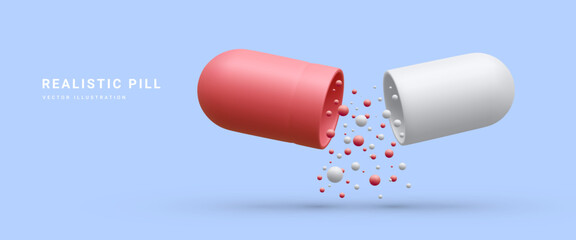 Realistic medical opened capsule pill with falling balls isolated on white background. Medical pills icon for hospital, pharmaceutical company or pharmacies. Vector Illustrations