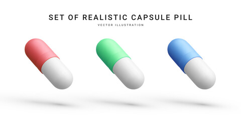 Set of realistic capsules pills isolated on white background. Medical pills icon for hospital, pharmaceutical company or pharmacies. Vector Illustrations