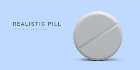 Realistic white round pill isolated on light background. Advertising banner for hospital or pharmaceutical company. Sign for pharmacy. Symbol of treatment. Vector Illustrations
