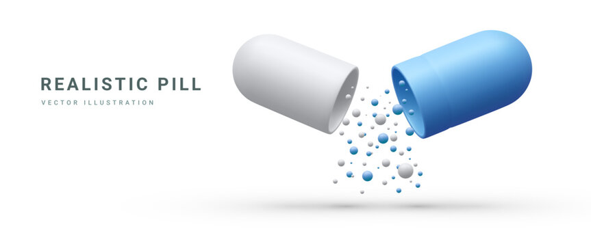 Realistic medical opened capsule pill with falling balls isolated on white background. Medical pills icon for hospital, pharmaceutical company or pharmacies. Vector Illustrations