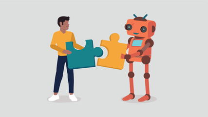 Ein Mensch und ein Roboter setzen ein Puzzle zusammen - Konzept der künstlichen Intelligenz