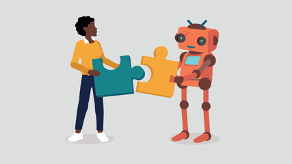 Ein Mensch und ein Roboter setzen ein Puzzle zusammen - Konzept der künstlichen Intelligenz