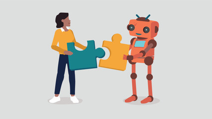 Ein Mensch und ein Roboter setzen ein Puzzle zusammen - Konzept der künstlichen Intelligenz