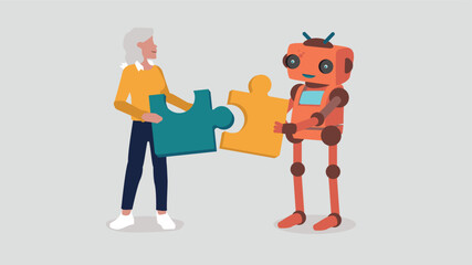 Obraz premium Ein Mensch und ein Roboter setzen ein Puzzle zusammen - Konzept der künstlichen Intelligenz