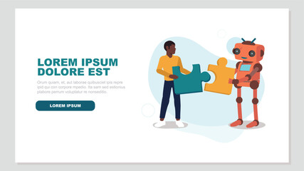 Ein Mensch und ein Roboter setzen ein Puzzle zusammen - Konzept der künstlichen Intelligenz