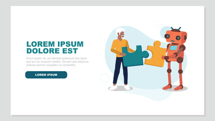 Ein Mensch und ein Roboter setzen ein Puzzle zusammen - Konzept der künstlichen Intelligenz