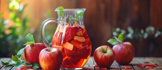 A pitcher filled with apple juice sits on a wooden table surrounded by fresh apples, showcasing the...