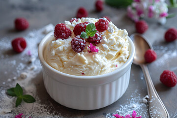 Raspberry topped whipped cream in ceramic dish on rustic table - obrazy, fototapety, plakaty