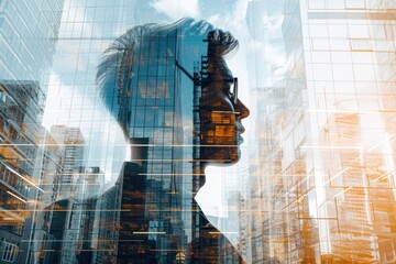 Double Exposure Image of a Mans Face in a City, Double exposure of model versus reality in futuristic building construction, AI Generated - obrazy, fototapety, plakaty