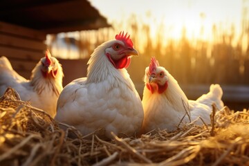 Fototapeta premium Healthy chicken animal on green farm during colorfu sunset, food protein healthy food. Generative Ai.