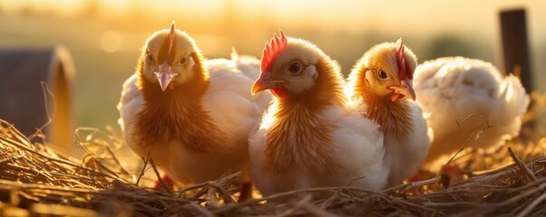 Healthy chicken animal on green farm during colorfu sunset, food protein healthy food banner.  Generative Ai.