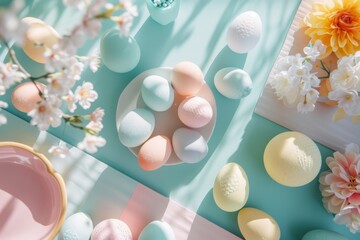 Happy Easter Eggs Basket calla lilie. Bunny hopping in flower renewal decoration. Adorable hare 3d aesthetic rabbit illustration. Holy week easter hunt egg decorating contest card inspirational