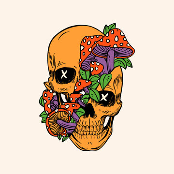 Skulls with with fly agaric. Trendy vector illustration isolated on a background.