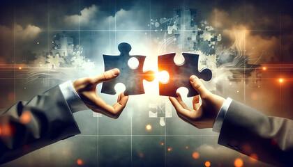 A professional and creative representation of two hand-holding jigsaw puzzle pieces, artistically embodying the concepts of business solutions, succes - obrazy, fototapety, plakaty