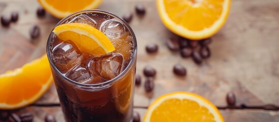 Refreshing glass of iced orange drink with fresh citrus slices on a hot summer day