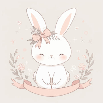 This enchanting scene depicts a sweet bunny nestled among blossoming branches, its ears gently lifting and lowering in a charming display of curiosity and playfulness
