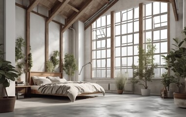 beautiful bright bedroom in loft style