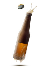 Bottle of beer jump and splash out foam, isolated on white background